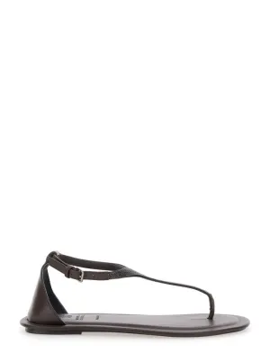 Thong-Style Brown Leather Sandals With Textured Strap