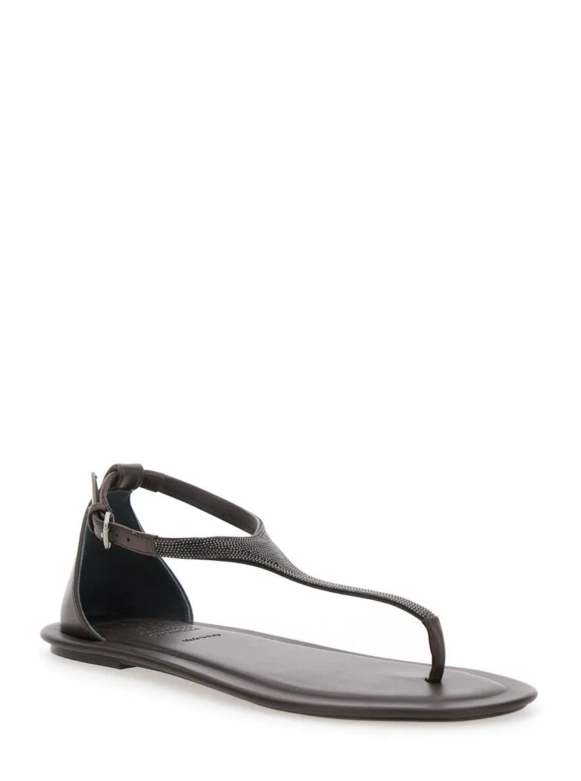 Thong-Style Brown Leather Sandals With Textured Strap