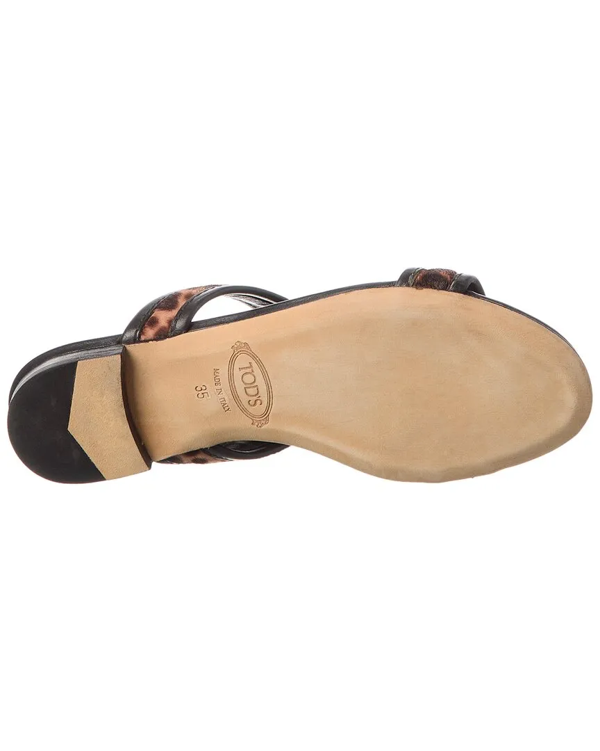 TODs Double T Strap Haircalf & Leather Sandal