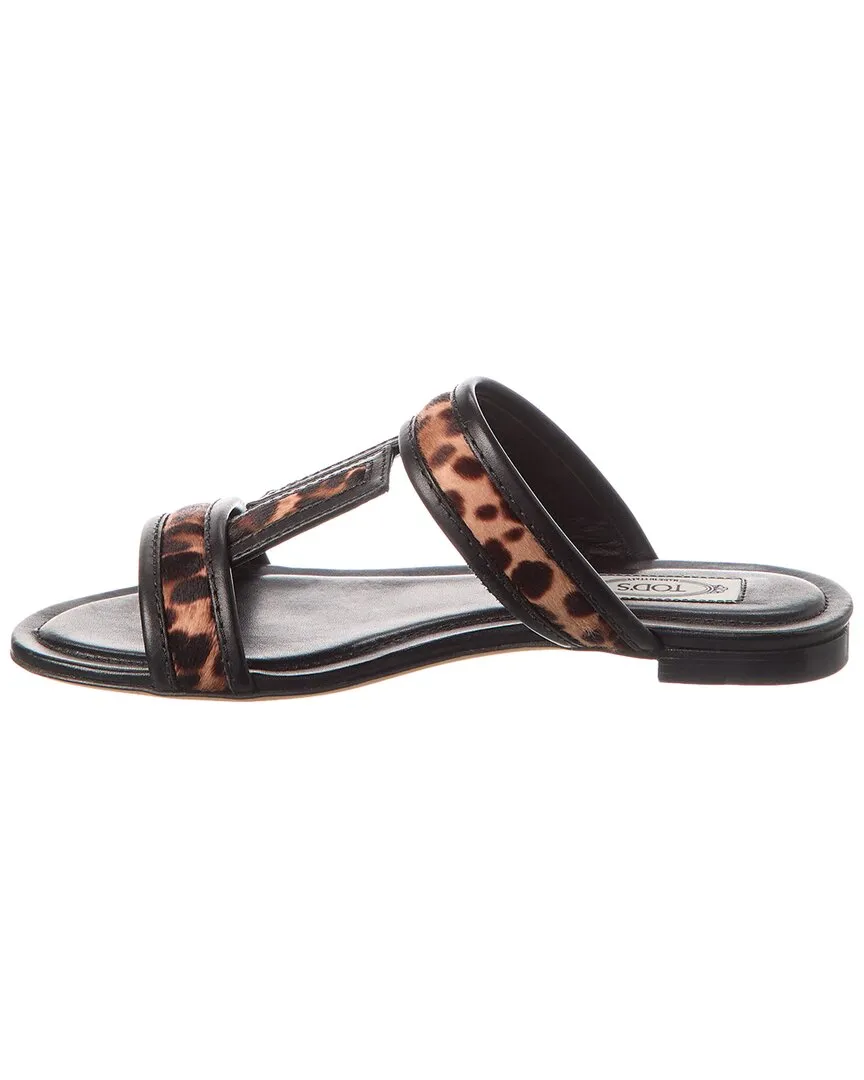 TODs Double T Strap Haircalf & Leather Sandal