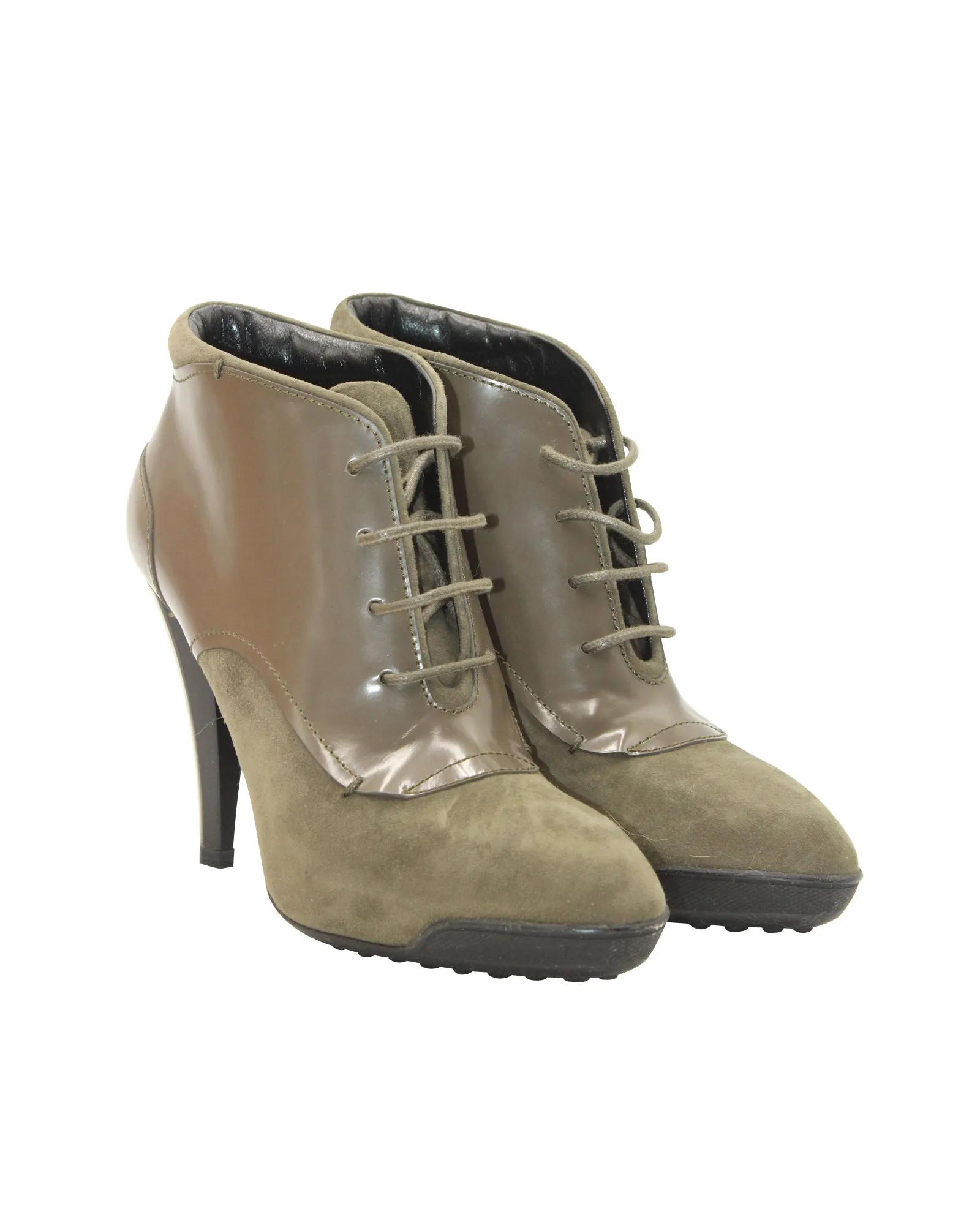 Tod's Lace-Up High Heel Boots in Olive Suede and Leather