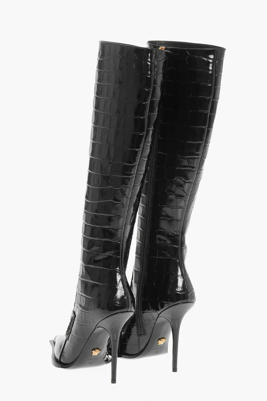 Versace Crocodile Effect Printed Leather Under The Knee Boots 11Cm