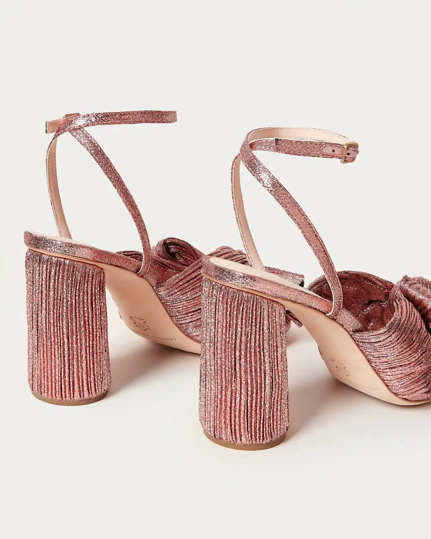 Women's Camellia Pleated Bow Heel Sandal In Metallic Rose
