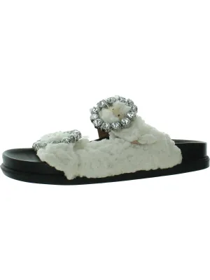 Womens Faux Fur Rhinestone Slide Sandals
