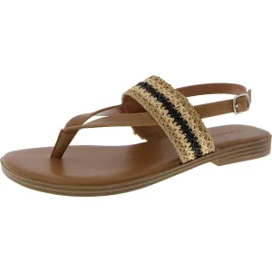 Womens Faux Leather Woven T-Strap Sandals