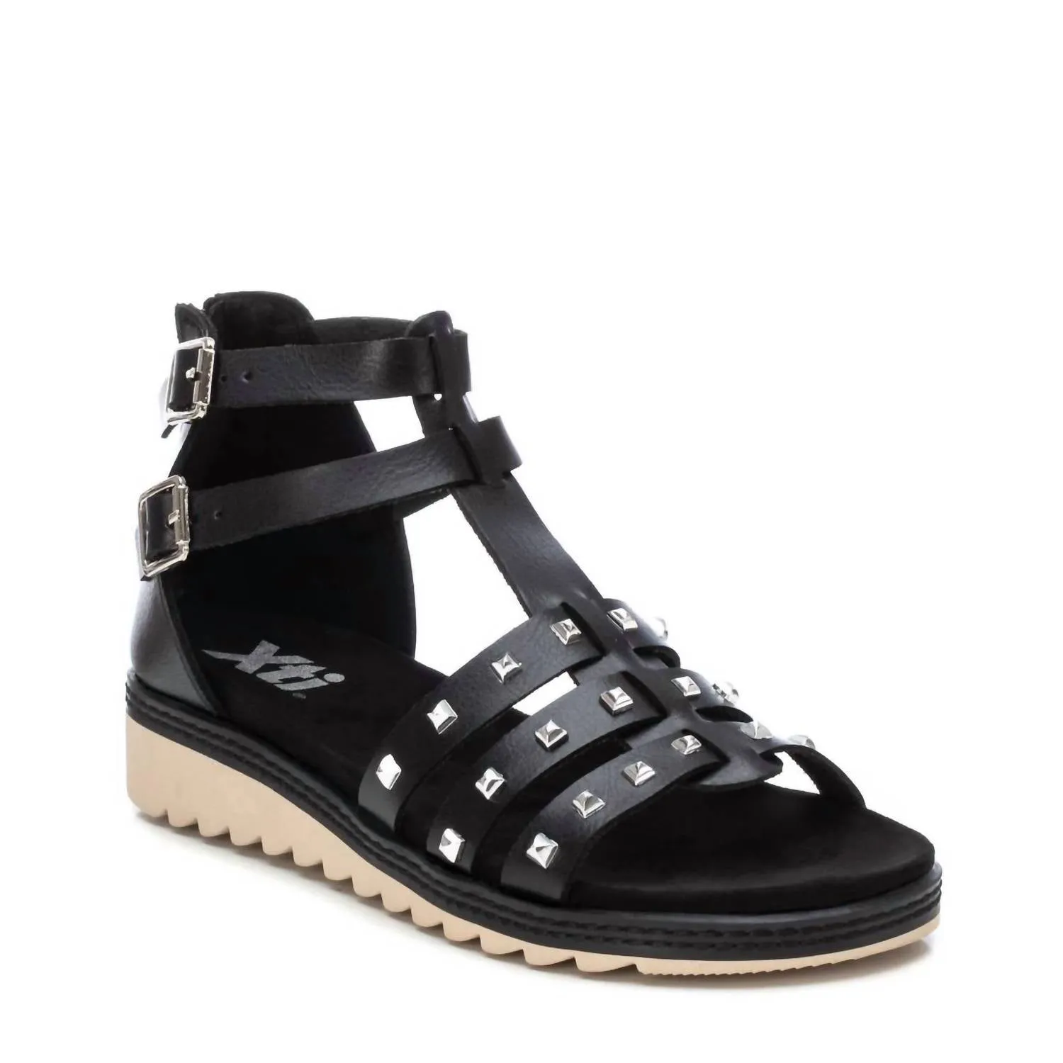 Women's Flat Sandals With Gold Studs In Black
