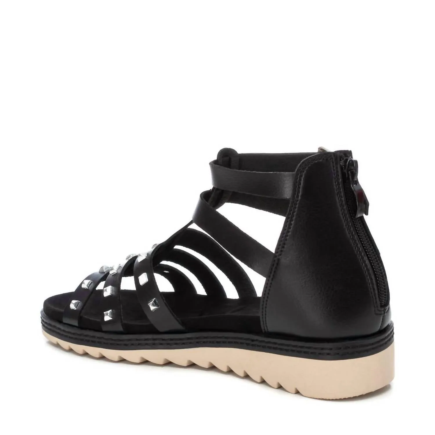 Women's Flat Sandals With Gold Studs In Black
