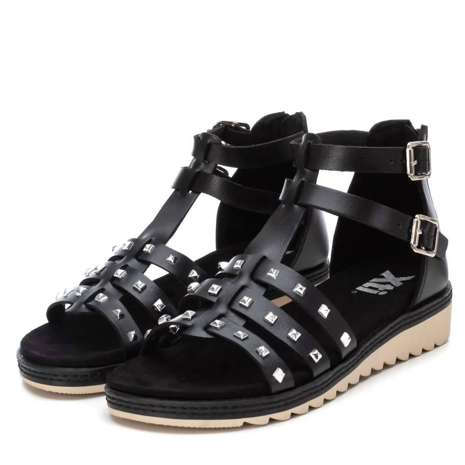 Women's Flat Sandals With Gold Studs In Black