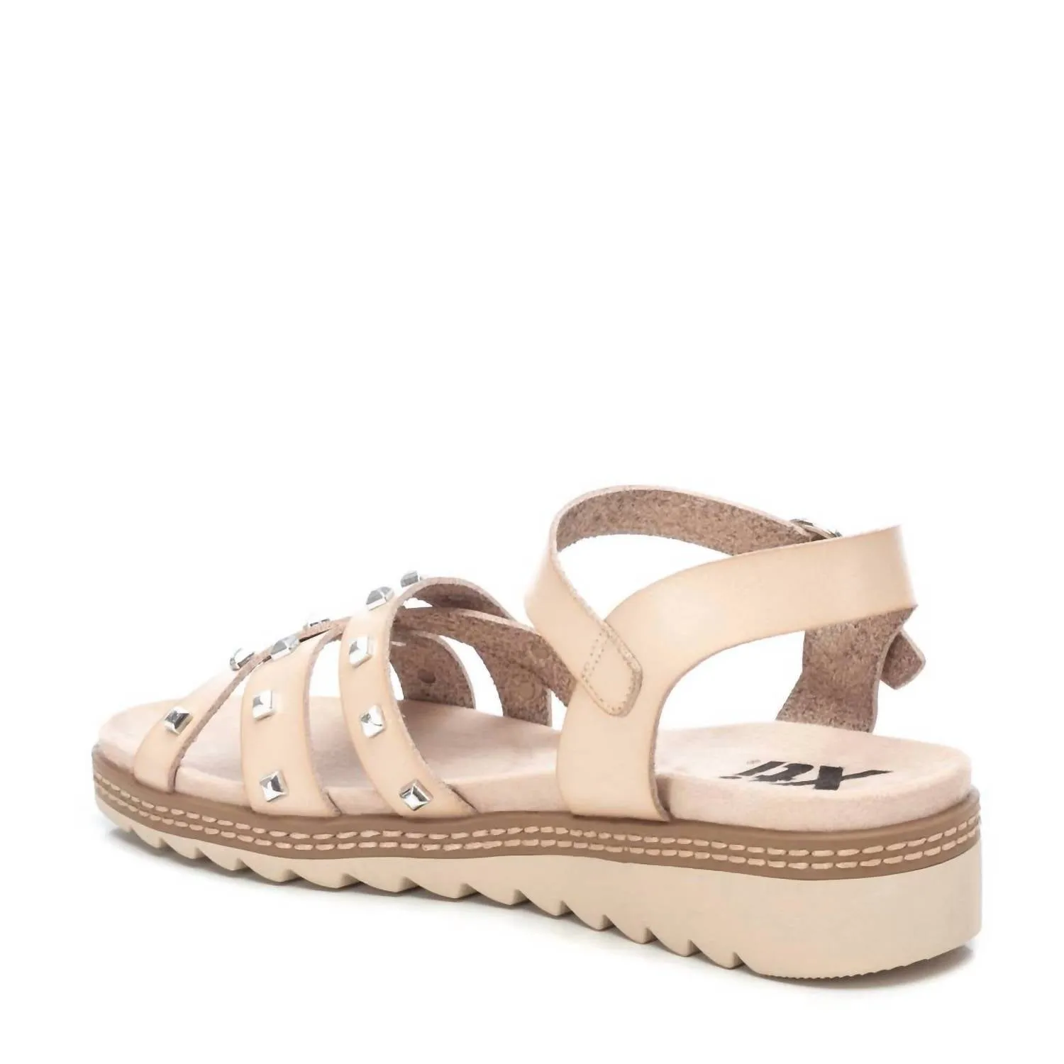 Women's Flat Sandals With Silver Studs In Beige