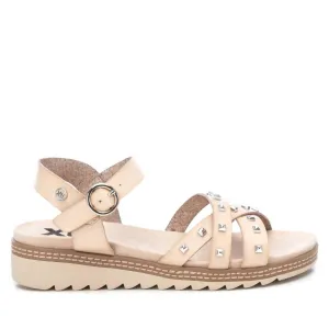 Women's Flat Sandals With Silver Studs In Beige