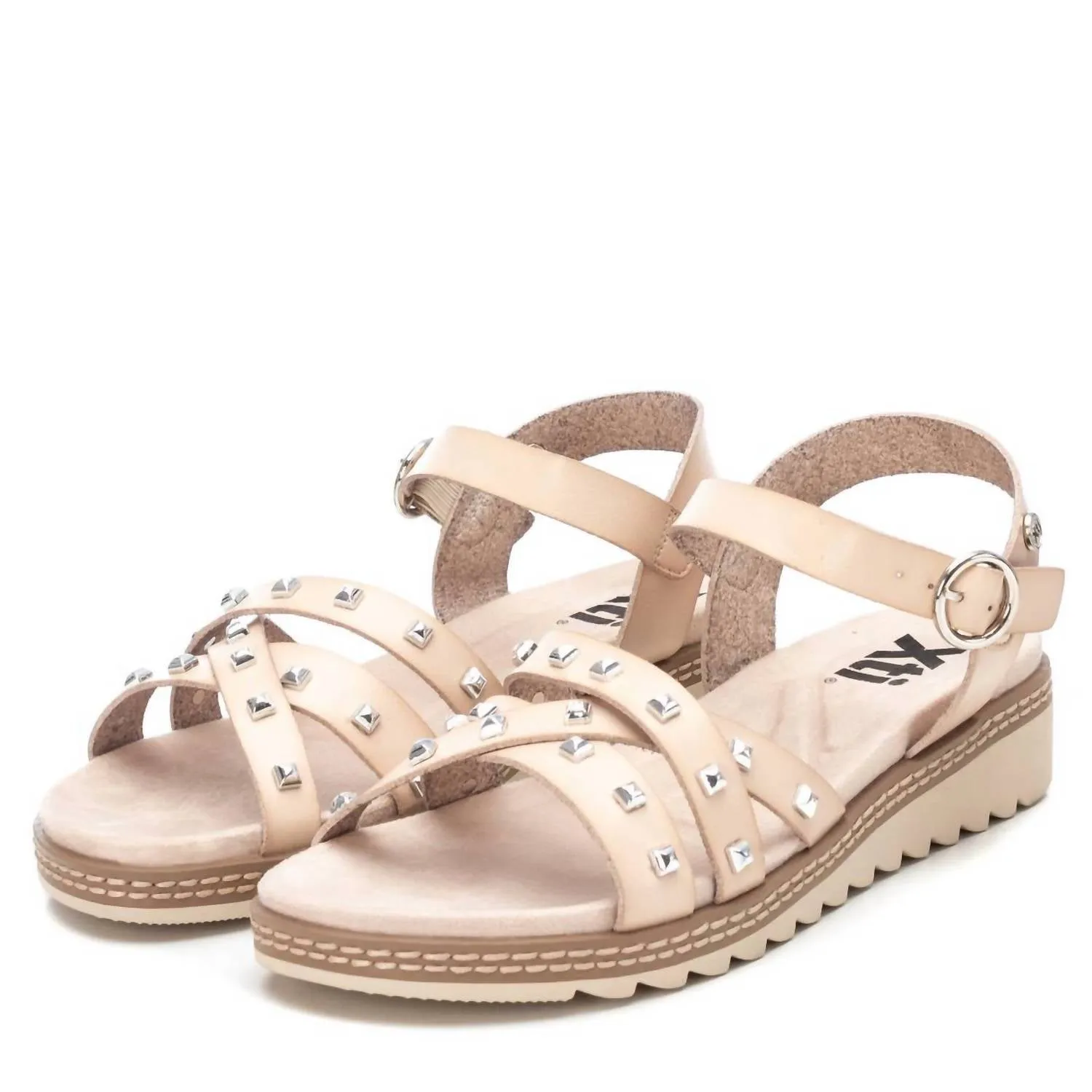 Women's Flat Sandals With Silver Studs In Beige