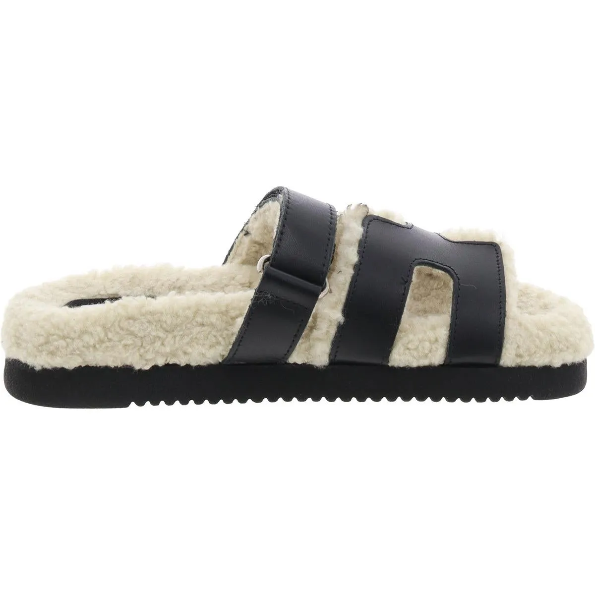 Womens Leather Faux Fur Slide Sandals