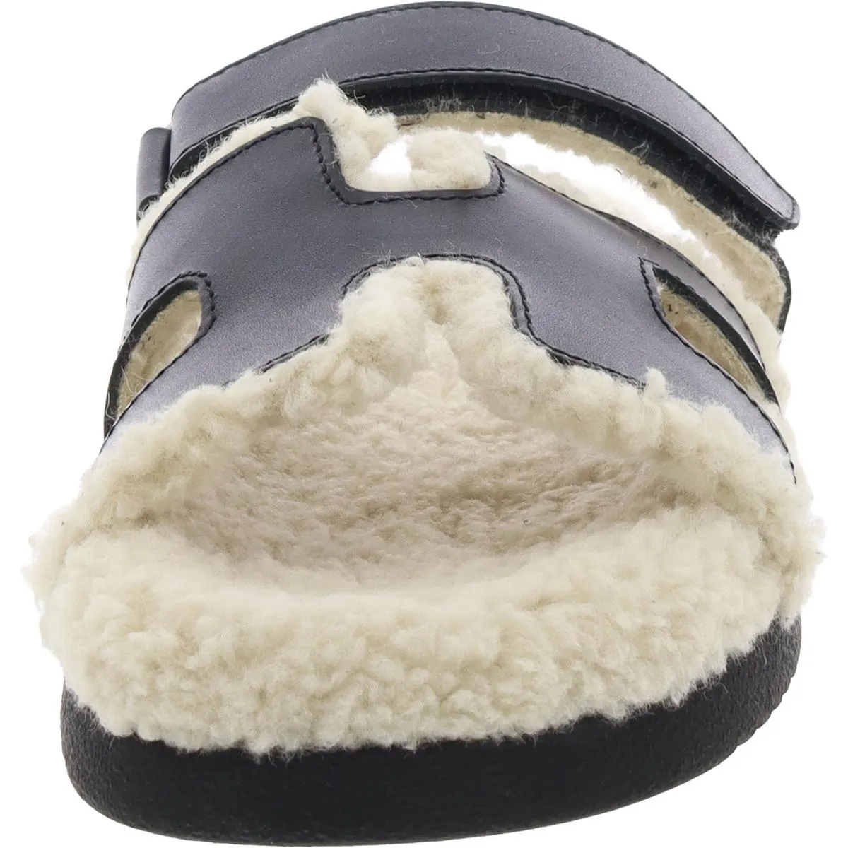 Womens Leather Faux Fur Slide Sandals