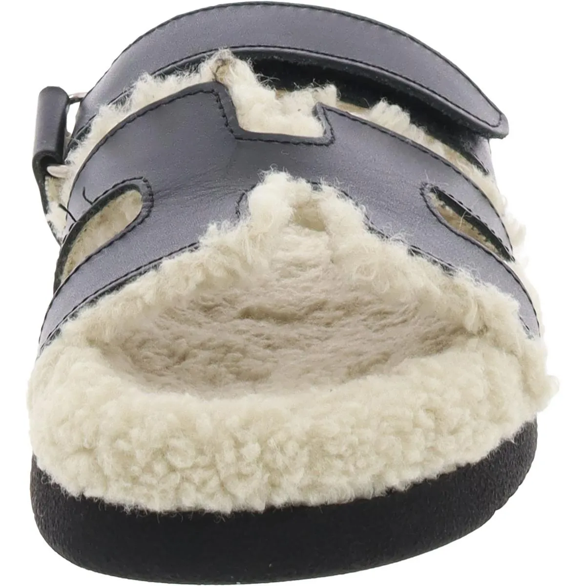 Womens Leather Faux Fur Slide Sandals