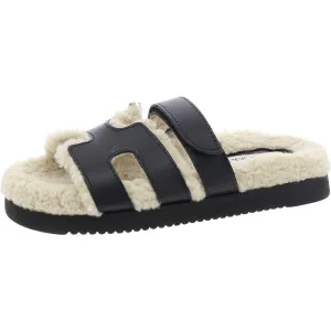 Womens Leather Faux Fur Slide Sandals