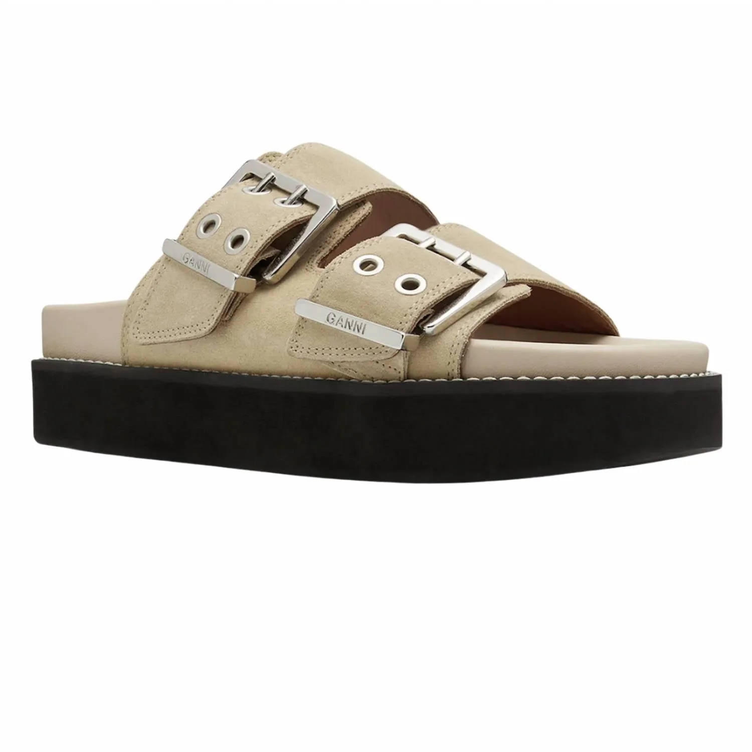Women's Wide Welt Chunky Buckle Flat Sandal In Pale Khaki